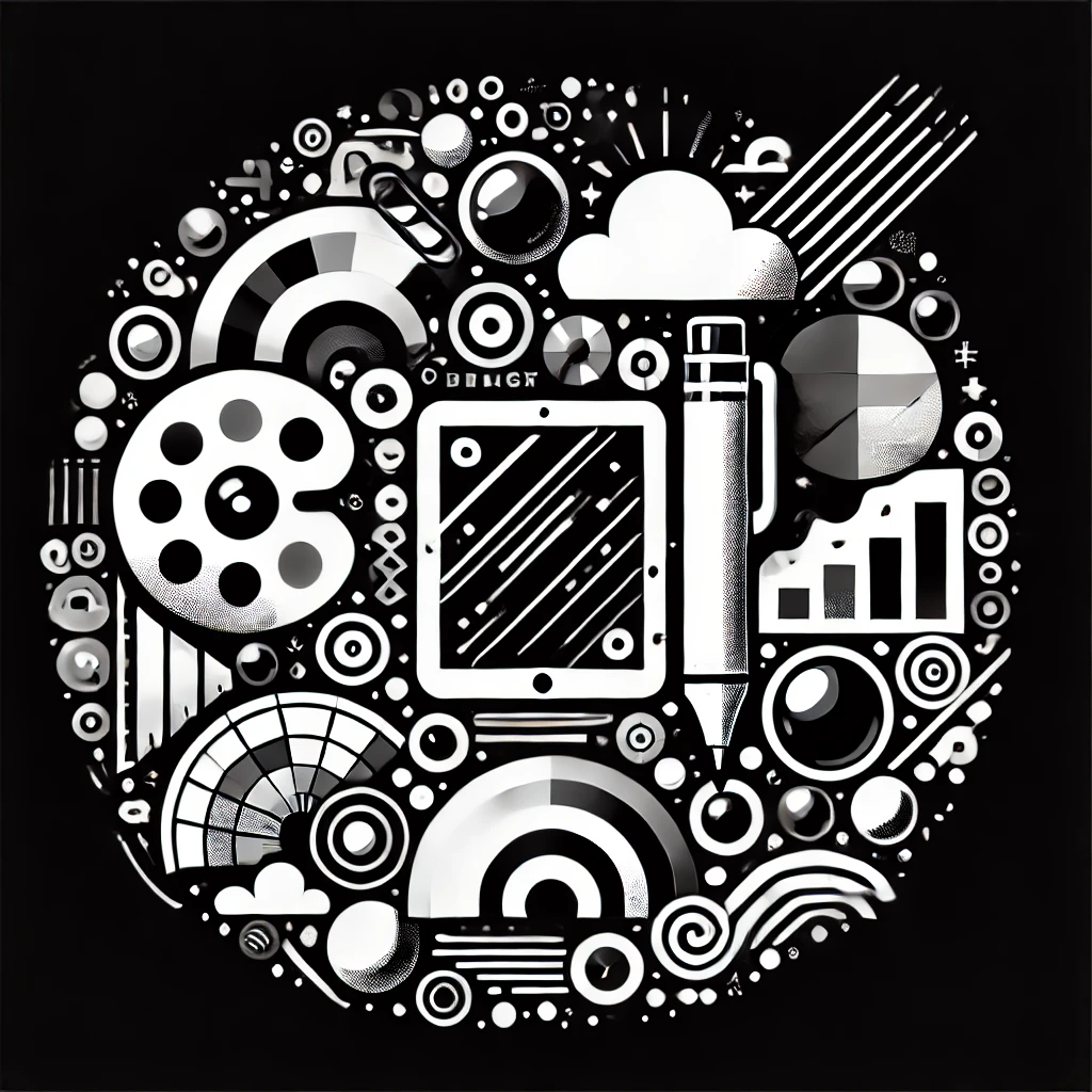 DALL·E 2025-03-12 17.46.27 – A black and white digital illustration representing graphic design. The background is completely black, with white design-related elements such as a s